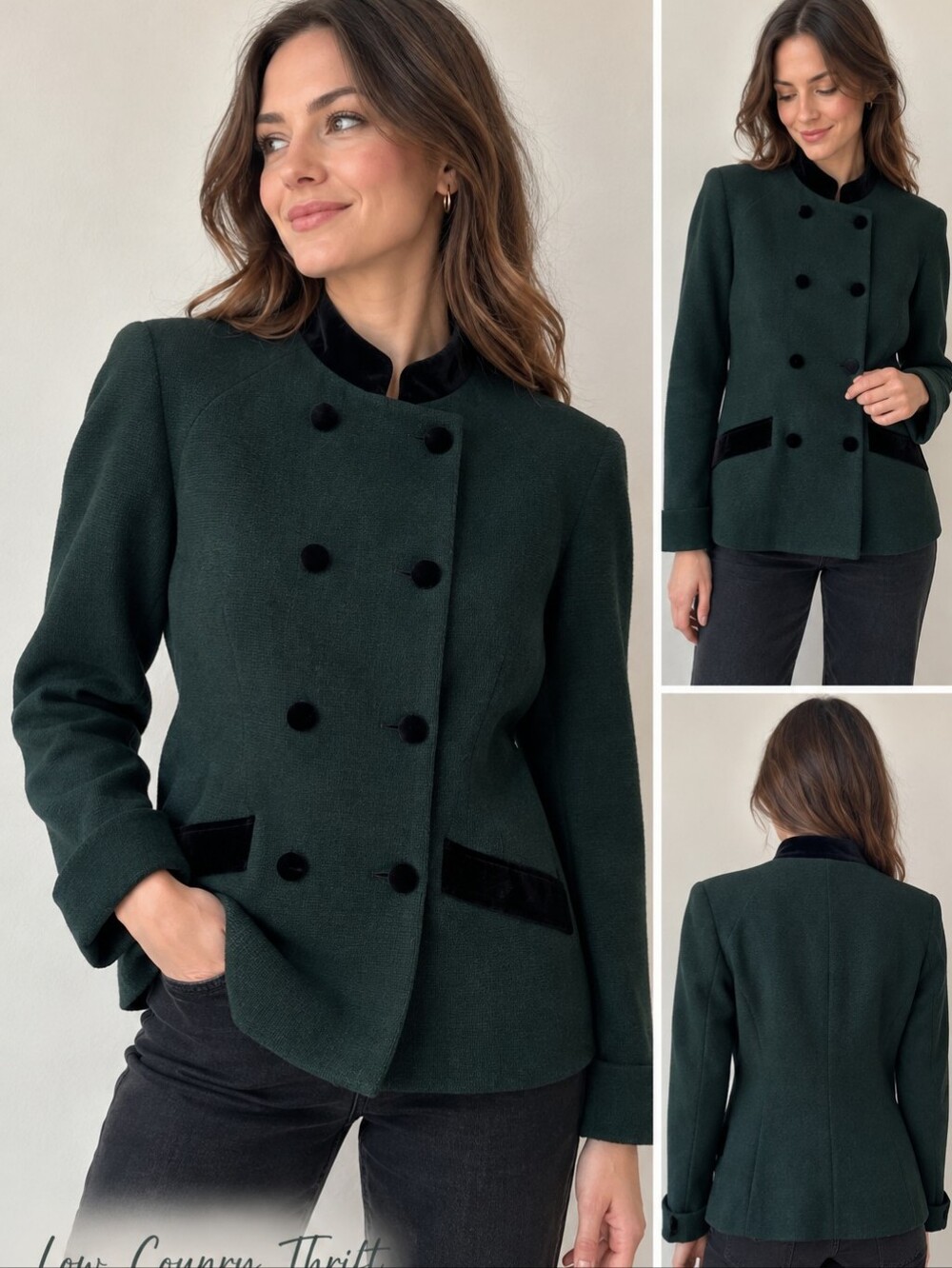 Alain Manoukian Vintage Green Jacket Velvet Trim Double Breasted EU Blazer 2